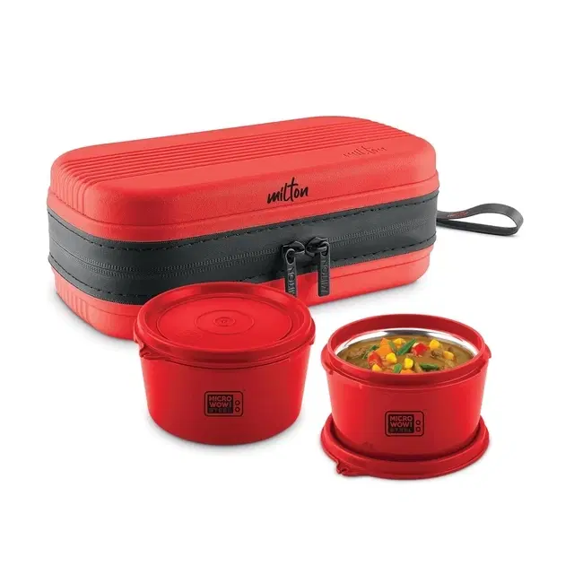 Milton Urban Case Microwavable Lunch Box | Inner Steel, Double Wall, Leak-Proof Design | Compact & Durable Lunch Box for Office use, College, School, (2 x 320 ml), Red