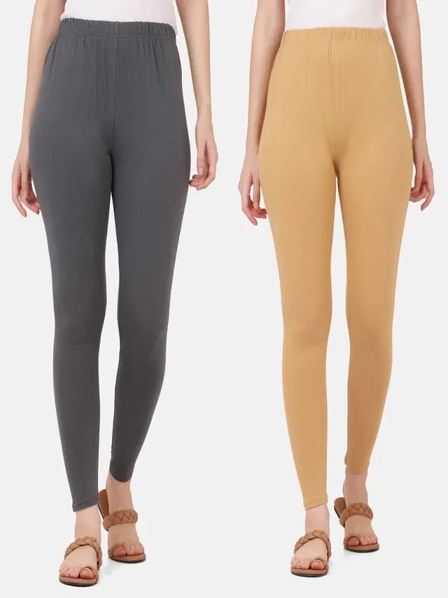 Cotton Solid Leggings for Women, Pack of 2 (Grey & Beige, XL)