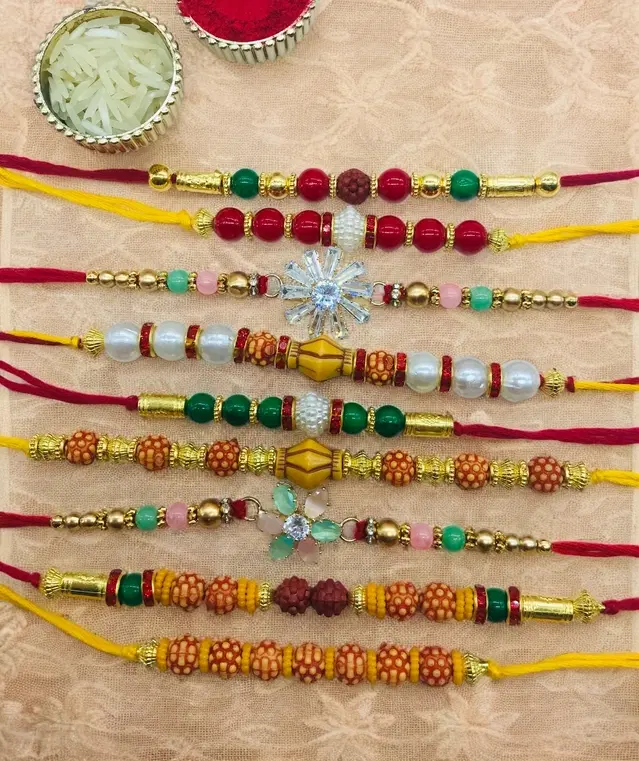 Handmade Designer Rakhi with Roli Chawal, Multicolor, Pack of 9