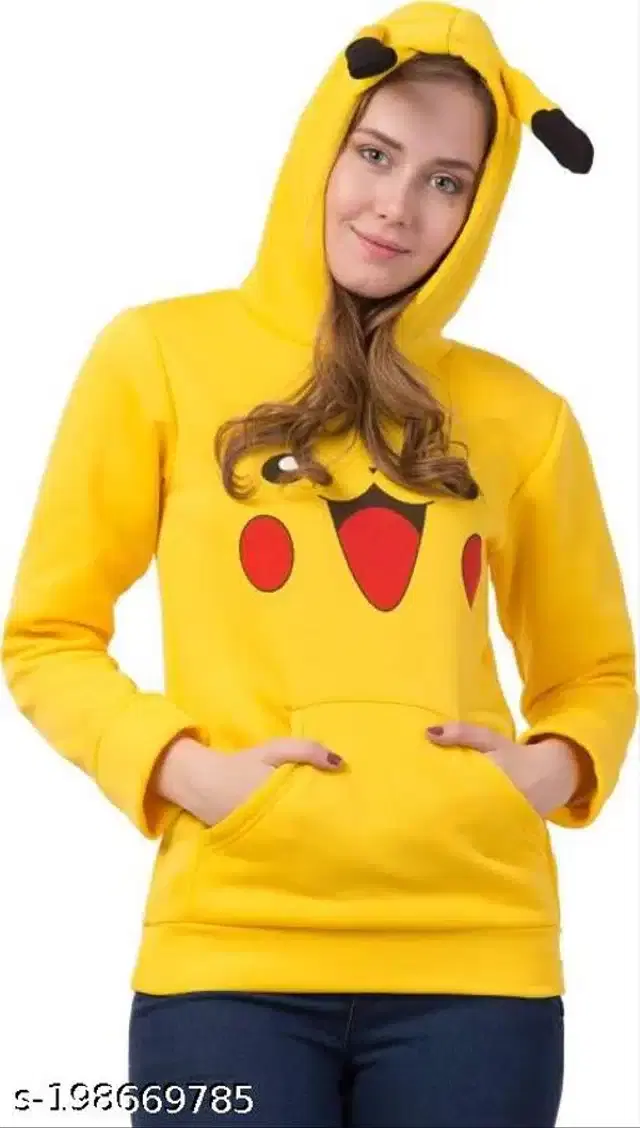 Fleece Printed Full Sleeves Hooded Sweatshirt for Women (Yellow, M)
