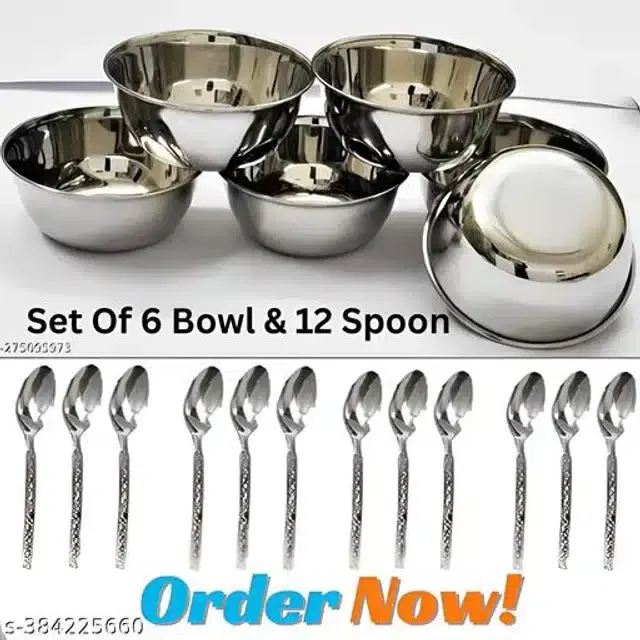 Stainless Steel 6 Pcs Bowls with 12 Pcs Spoon, Silver, Set of 2