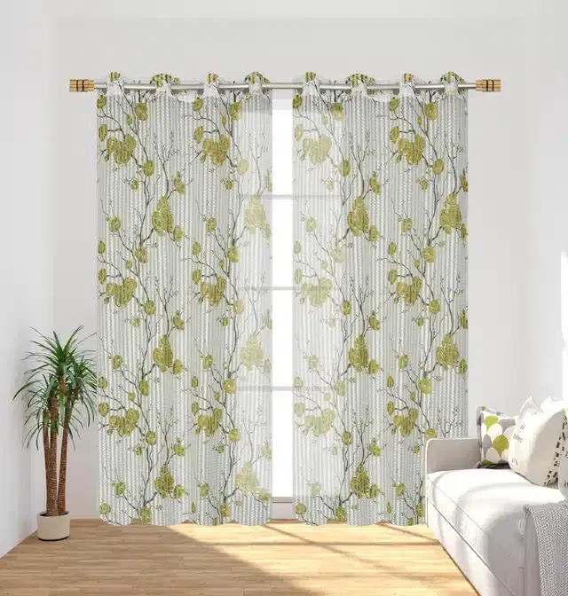 Printed Curtains for Door & Window, Pack of 2, Green, 5 feet