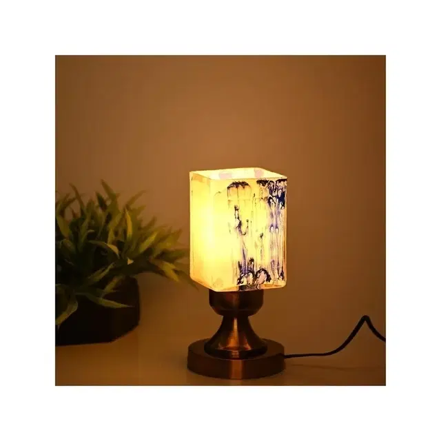 Square Glass Shade Table Lamp With Brass Base (White & Blue)