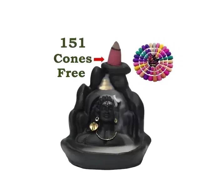 Poly Resin Decorative Aadiyogi Mahadev Incense Holder with 151 Pcs Cones, Multicolor, Set of 1