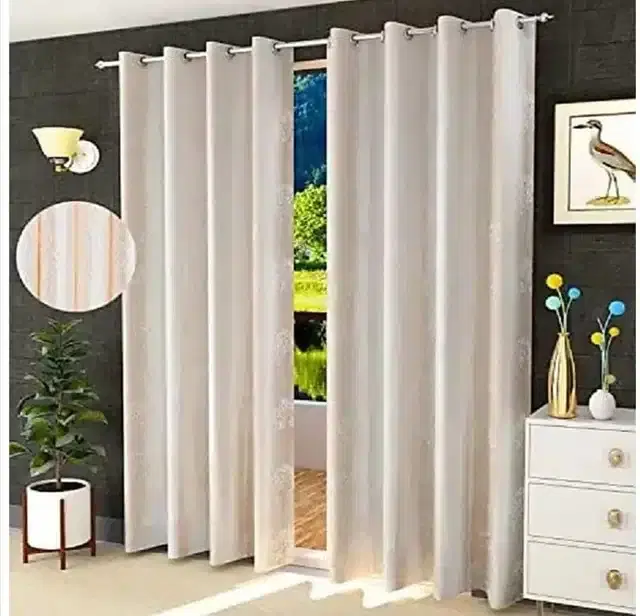 Polyester Embroidered Window & Door Curtains, Pack of 2, Cream, 5 feet