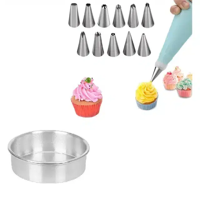 Combo of Aluminium Cake Mould & Cake Decorating Nozzle set with Piping Bag, Pack of 14, Multicolor
