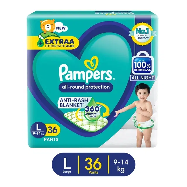 Pampers Complete Skin Comfort Pants, (l) 36 Count Anti-Rash Blanket, Lotion With Vitamin E & Aloe Vera, Large Size Baby Diapers,9-14 Kg