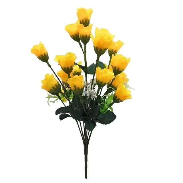 Artificial Rose Flower Bunch With Green Leaves For Home And Garden Decoration Yellow