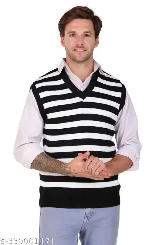 Acrylic Sleeveless Sweater for Men (Black & White, L)