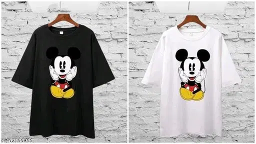 Cotton Blend Printed T-Shirt for Women, White & Black, Pack of 2 (S)