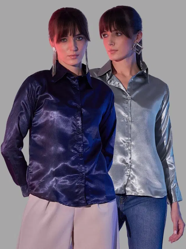 Full Sleeves Solid Shirt for Women, Pack of 2 (Grey & Navy Blue, L)