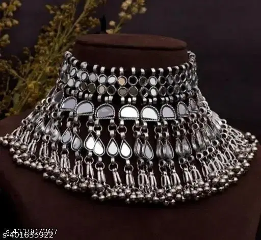 oxidized silver mirror work bridal jewellery set