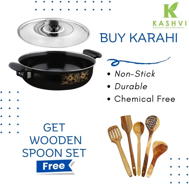 Cast Iron Kadai with 5 Pcs Spatula Set, Multicolor, Set of 2