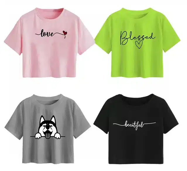 Cotton Printed Crop Tops for Girls, Pack of 4 (Multicolor, 10-11 Years)