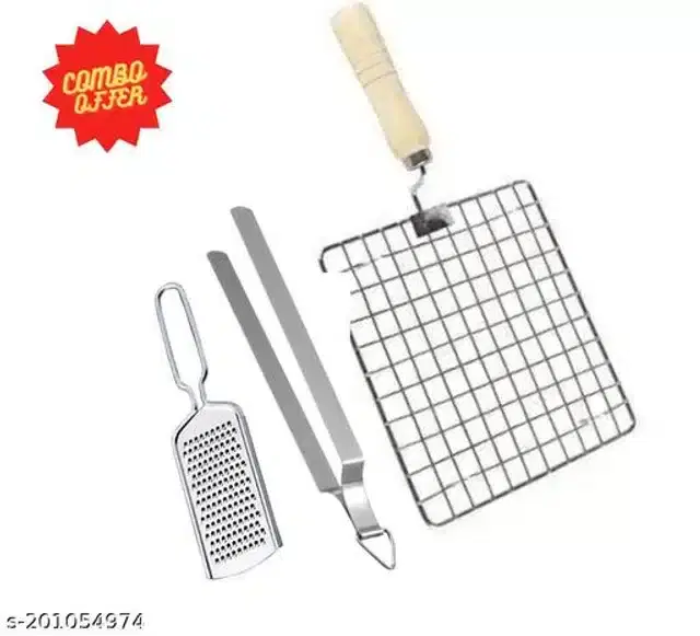 Stainless Steel BBQ Grill with Cheese Grater & Cooking Tong, Silver, Set of 3