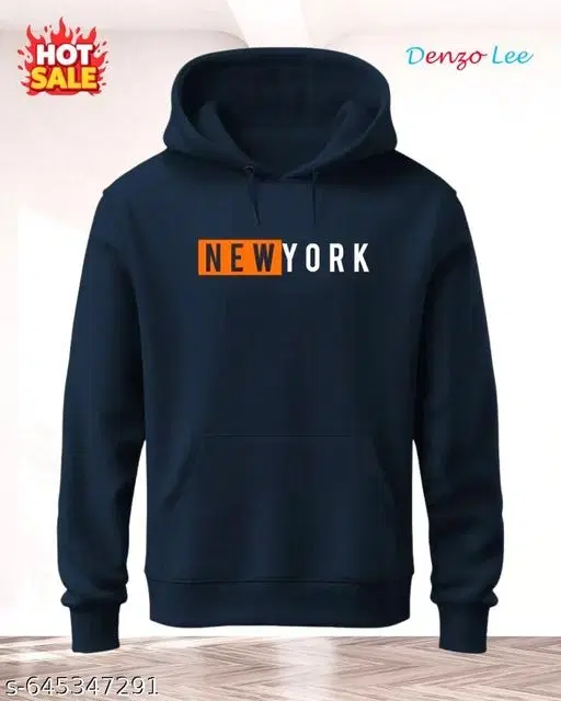 Fleece Printed Hoodie for Men, Navy Blue (L)