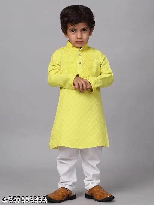 Cotton Blend Kurta with Pyjama for Boys (Lemon Yellow & White, 12-18 Months)