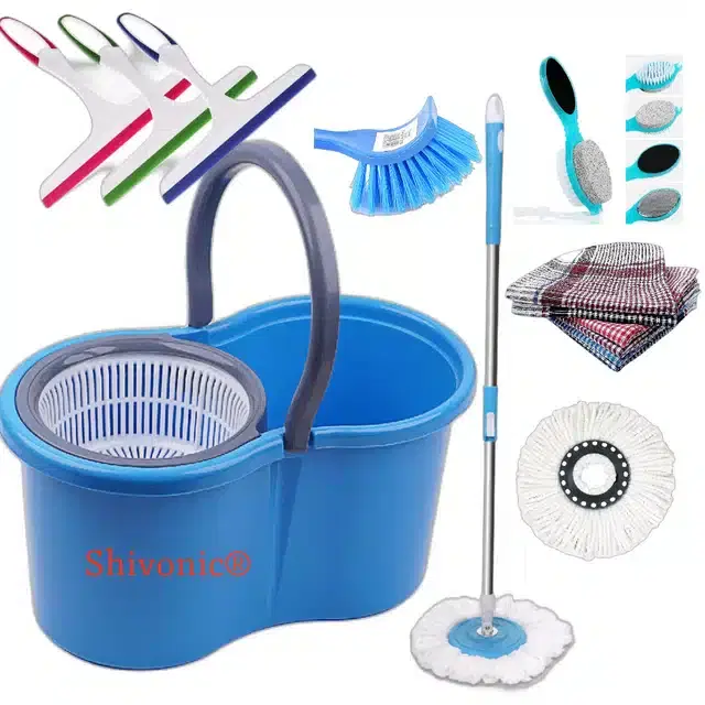 Dry Bucket Mop Set with 2 Refills & Cleaning Accessories Combo, Set of 5, Multicolor