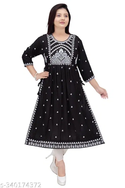 Rayon Embroidered Naira Kurta for Women (Black, XL)