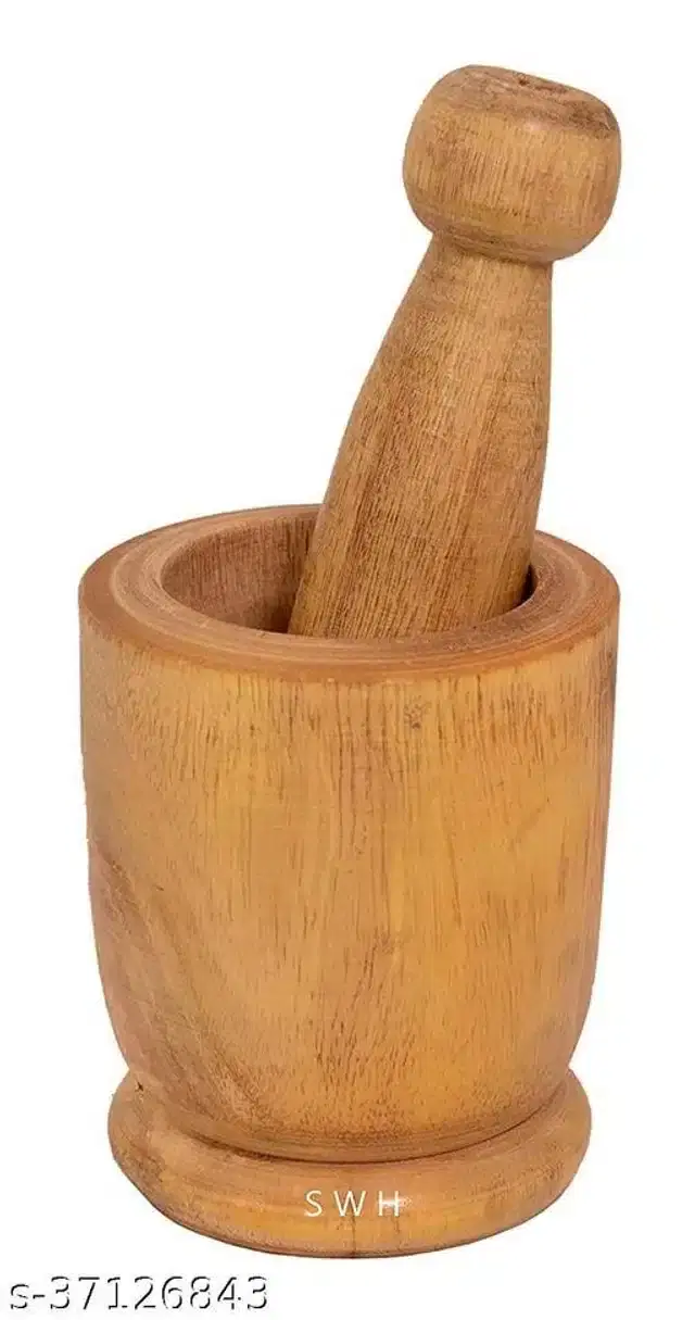 Wooden Carved Mortar & Pestle, Brown, Set of 1