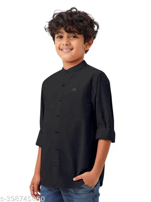 Solid Cotton Blend Mandarin Neck Shirt for Boys (Black, 4-5 Years)