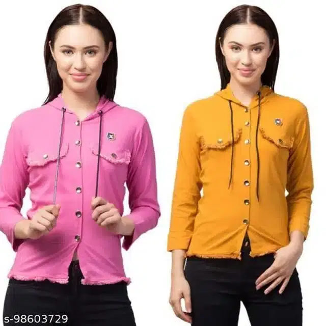 Cotton Blend Sweatshirt for Women, Pack of 2 (Pink & Mustard, M)