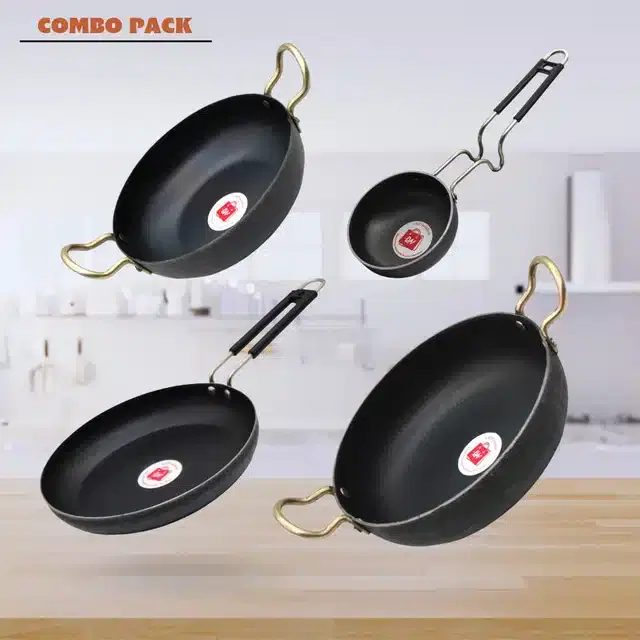 Frying Pan & Tawa Set, Pack of 4, Black, 1200 ml