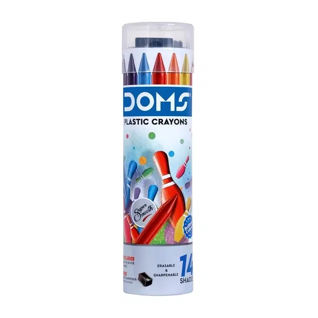 Doms 14 Shades Erasable Plastic Crayons Round Tin Box [Multicolor]