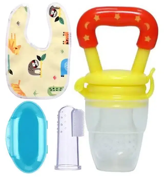 Silicone Fruit Feeder with Finger Brush & Bib for Kids, Multicolor, Set of 3