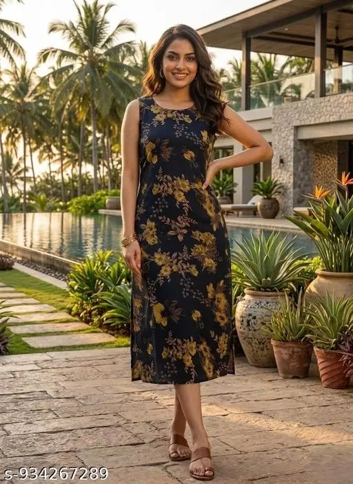 Floral Printed Kurti for Women (Black, S)