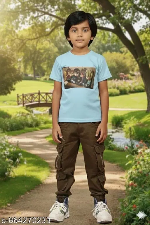 Printed Cotton Blend Tshirts for Boys (Blue, 5-6 Years)
