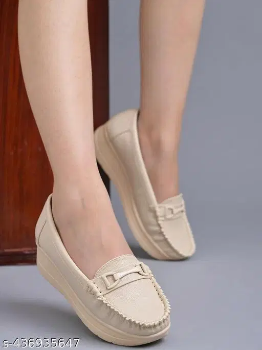 Shoetopia Solid Loafers for Women (Cream, IND-4)