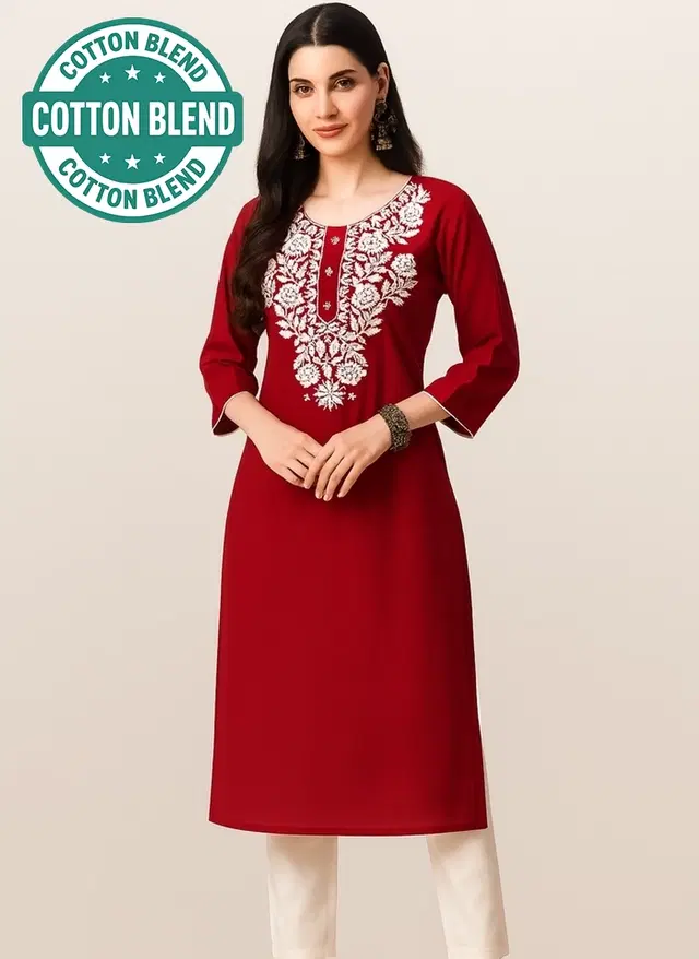 Cotton Embroidered Kurti for Women, Maroon (S)