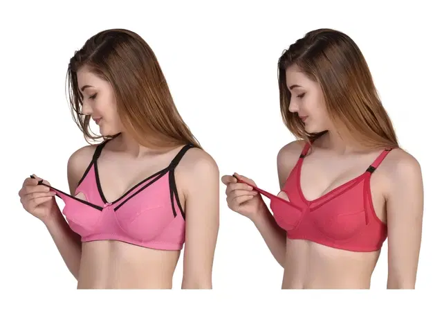 Cotton Blend Solid Non Padded Feeding Bras for Women, Pack of 2 (Multicolor, 40)