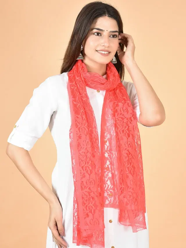 Net Self-Design Dupatta for Women (Peach, 2.2 m)