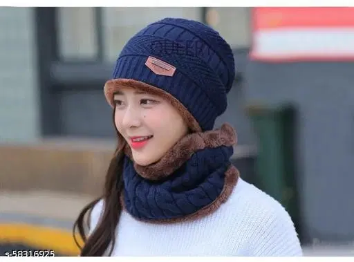 Woolen Cap with Neck Warmer for Women, Set of 1 (Multicolor)