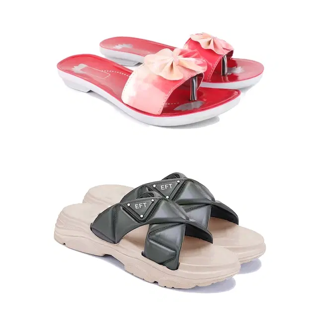 Combo of Sliders & Flats for Women, Set of 2 (Multicolor, 8)
