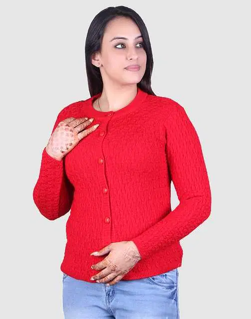 Women's Full Sleeves Cardigan (Red, M) (M81)