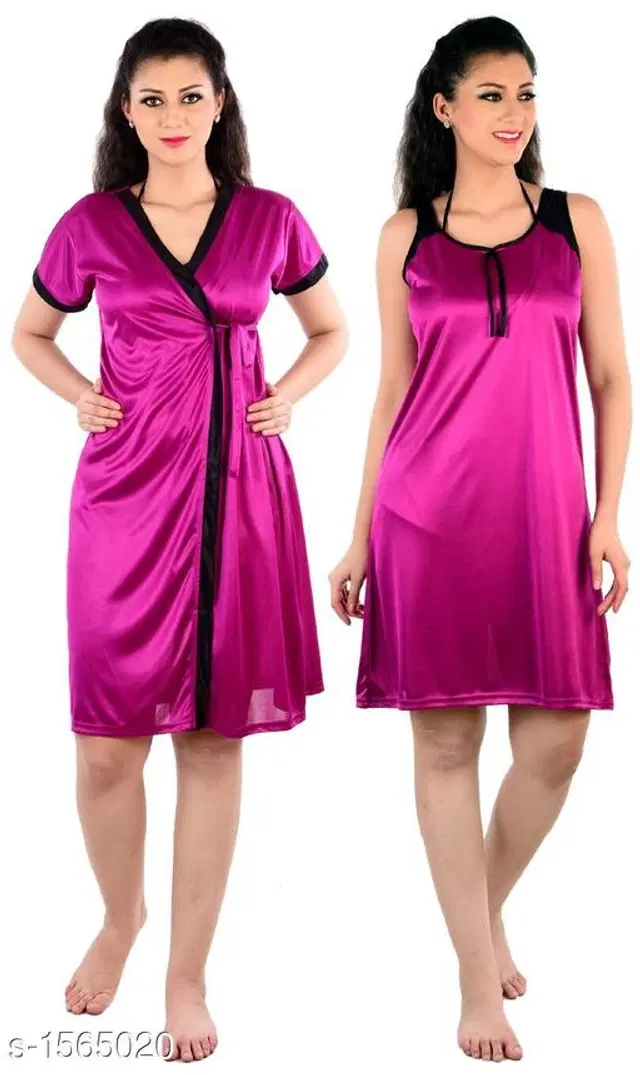 Satin Nightdress Set for Women (Purple, L)
