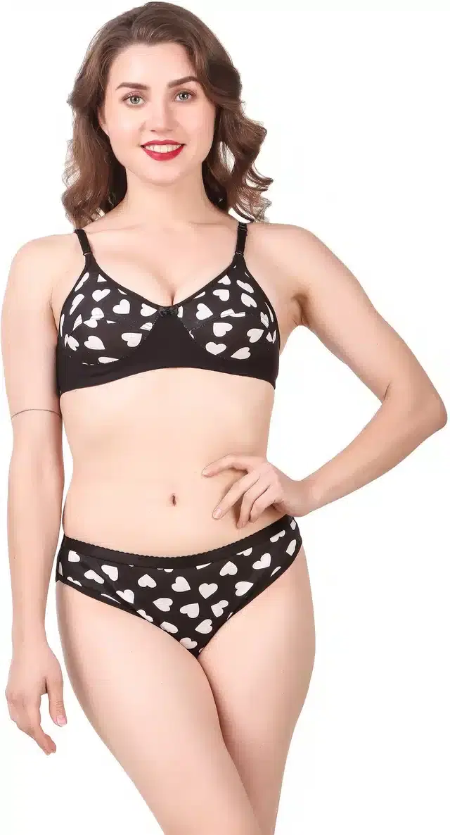 Cotton Blend Lingerie Set for Women (Black, 36)