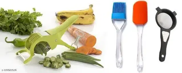 Combo of Vegetable Cutter, Spatula, Oil Brush & Tea Strainer, Multicolor, Set of 4
