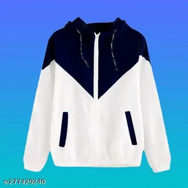 Cotton Blend Full Sleeves Colorblocked Hooded Jacket for Men (Navy Blue & White, L)