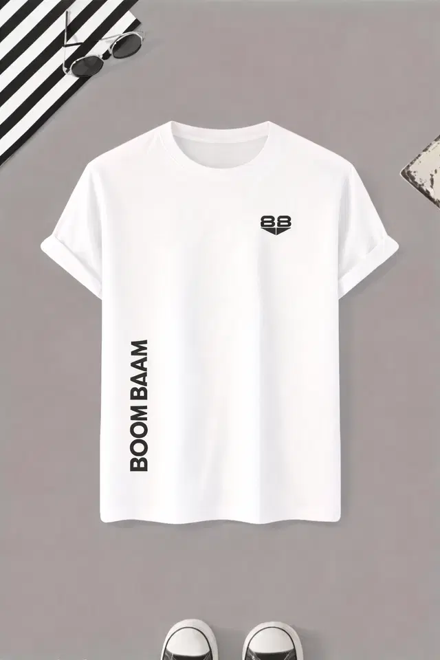 Polyester Printed Round Neck T-shirt for Men, White (XXL)