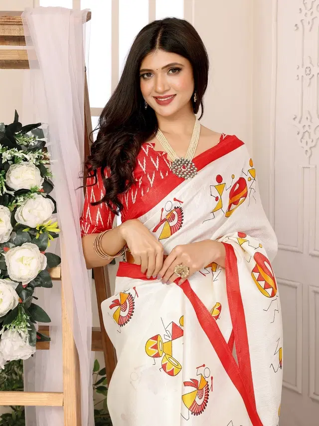 Assam Art Silk Saree for Women (White, Free Size)