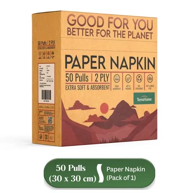 TerraHome Small Tissue Paper Napkins, 2 Ply, 30x30cm [50 Pcs]