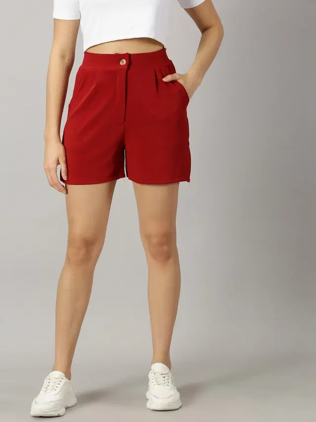 Polyester Shorts for Women (Maroon, 28)