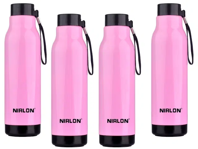 Nirlon Loki Pu Insulated Stainless Steel Inner Side Set Of 4, 480Ml Each Bottle, Break Proof, Leak Proof, Hot & Cold Water Bottle For Home| School | Office | Gym | Hiking | Travel Bottle (Pink)