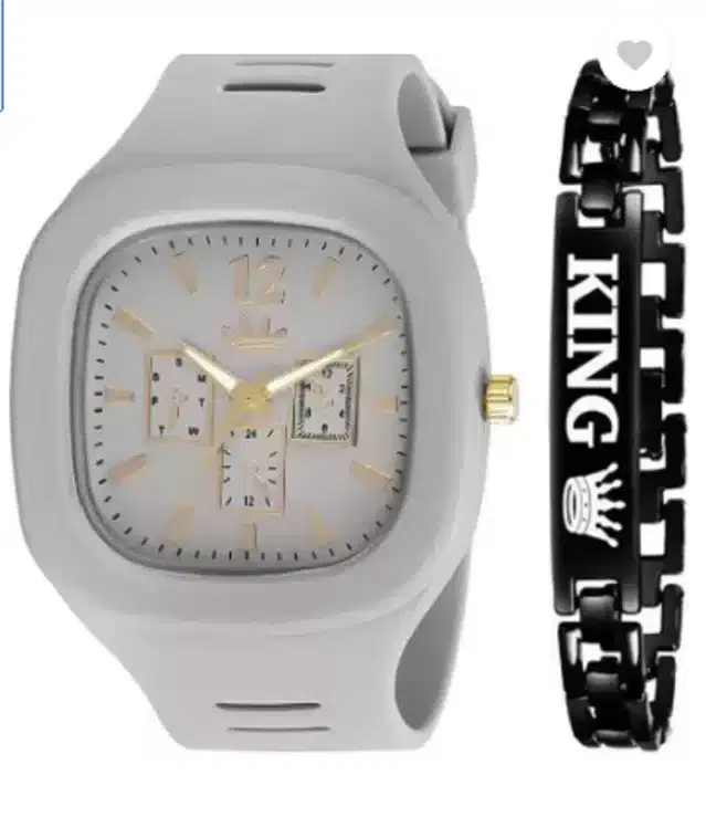 Analog Watch & Bracelet for Men, Pack of 2 (Grey & Black)