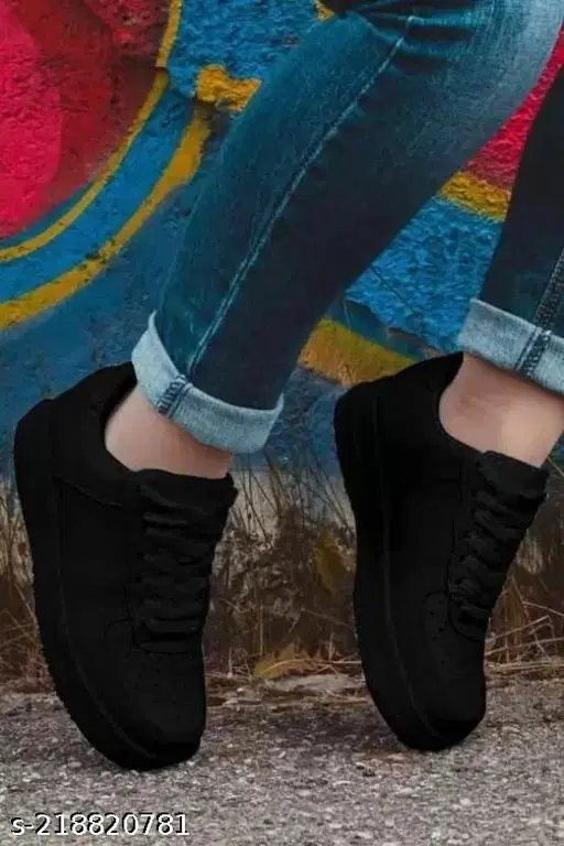 Solid Synthetic Sneakers for Girls (Black, 11-12 Years)