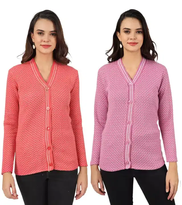Woollen Blend Full Sleeves Cardigan for Women, Pack of 2 (Orange & Purple, M)